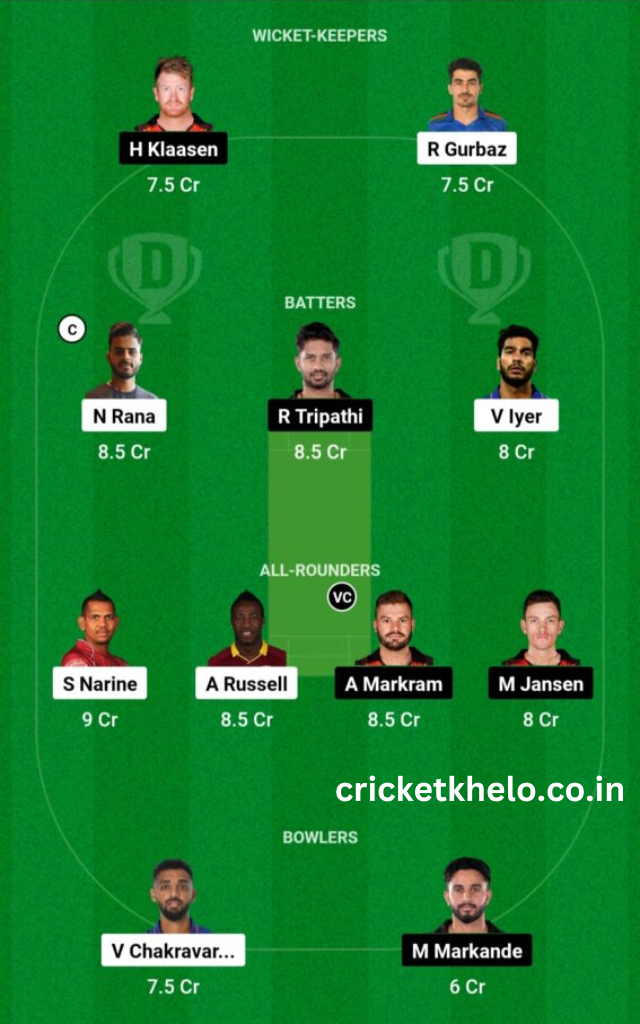 KKR vs SRH Dream11 Winning team prediction today h2h league